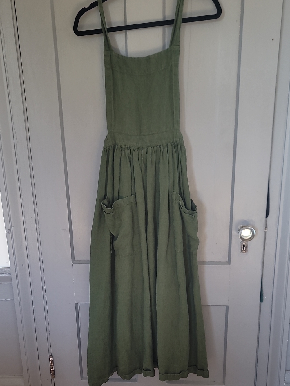 Sleeveless Linen Overall Dress with Square Neck in Olive